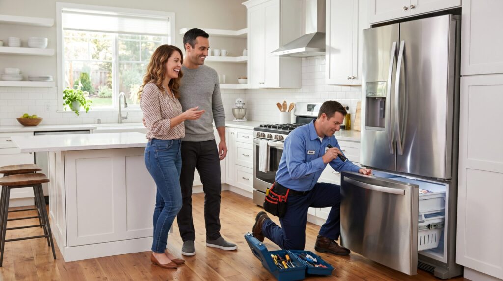 Homeowner couple watching a repair technician inspect their refrigerator, illustrating how a home warranty covers appliance repairs